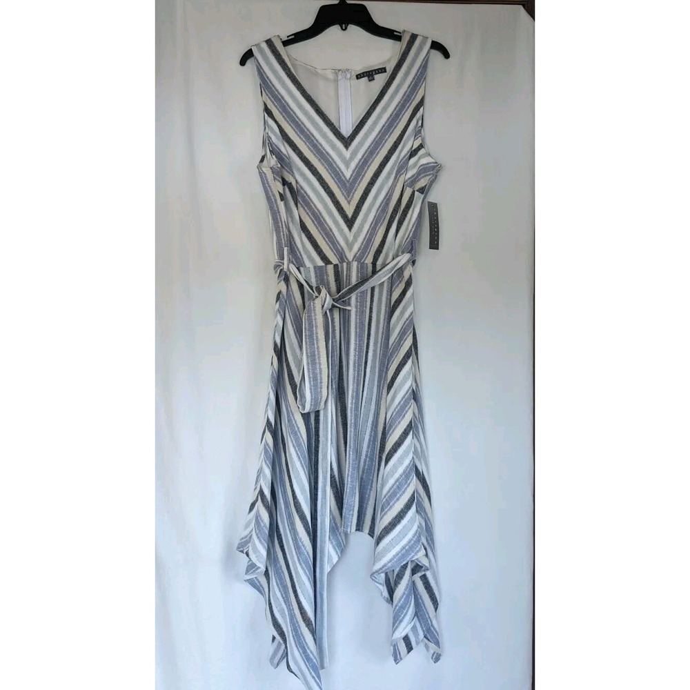 Sharagano NY  Dress Women's 14 Sleeveless Stripe Acymmetric Linen Blend NWT